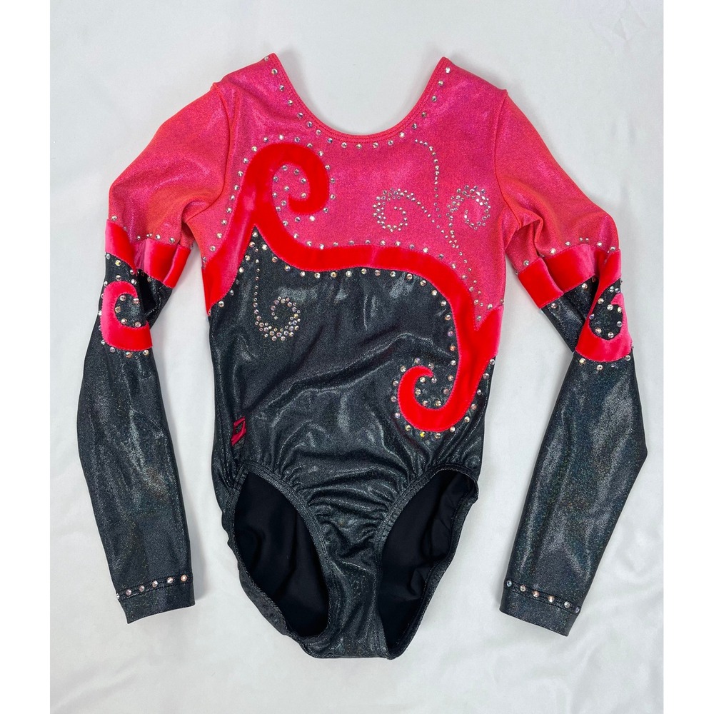 GK Child L CL Pink Black Leotard Competition Gymnastics Bling Rhinestones Shiny